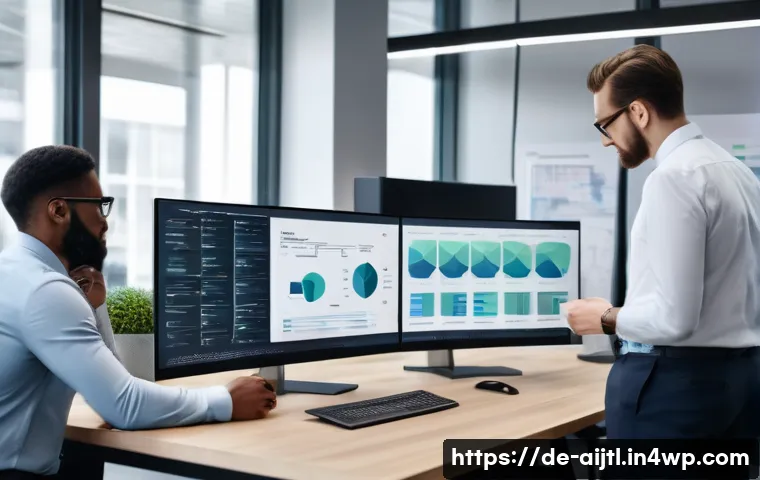 AI 바이어스 감지를 위한 차별화된 기법 - A modern office scene showing a diverse team of professionals analyzing AI bias data on multiple com...