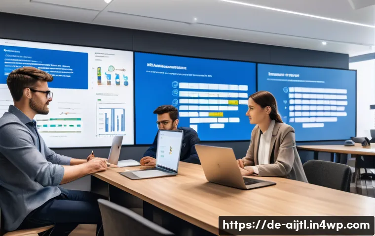 AI에서의 편향 문제 해결을 위한 법적 프레임워크 - A modern European tech office scene showing diverse AI developers collaborating around a large touch...