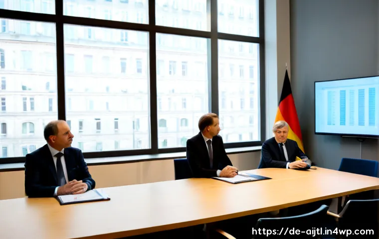 AI 바이어스 감지에 대한 정부의 규제 방향 - Photorealistic European government policy meeting in a modern Berlin conference room, diverse German...
